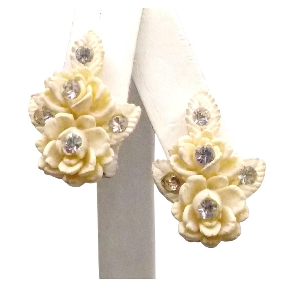 Vintage Carved Celluloid Roses Earrings with Crystal Embellishment, White Weddin